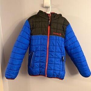 Hurley Kids Blue & Black Puffer Jacket Hooded Size Small (8–10)